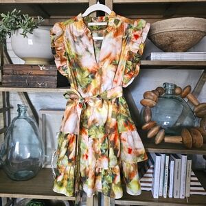 Marie Oliver Emery Silk/Cotton Ruffle Mini Dress Watercolor Garden Print Sz XS
